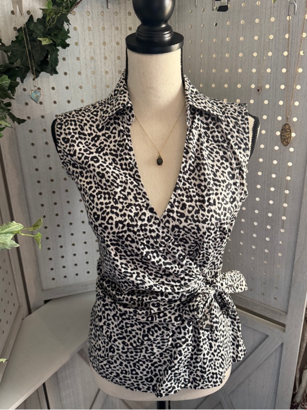 Express Black & White Leopard Wrap Blouse